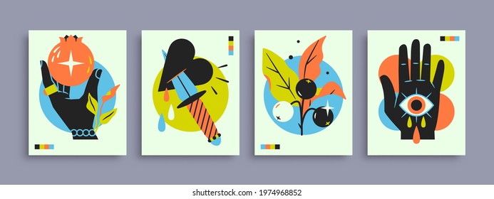 Abstract poster collection with hands, animals and abstract elements and shapes. Set of contemporary print templates. Vector illustration