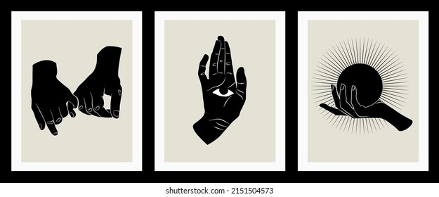 Abstract poster collection with hands. Set of contemporary scandinavian print templates. 	
Set of three abstract minimalist aesthetic backgrounds with sun, hand, eye. 