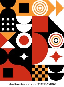 Abstract poster. Colorful background with red, orange, black shapes on white background. Wall decor.