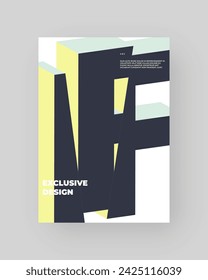 Abstract poster, colorful design. Vertical A4 format. Refraction and distorted 3d letter. Chopped, cut, glitch, broken type composition.