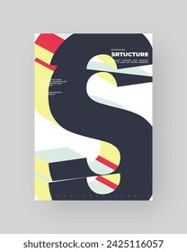 Abstract poster, colorful design. Vertical A4 format. Refraction and distorted 3d letter. Chopped, cut, glitch, broken type composition.
