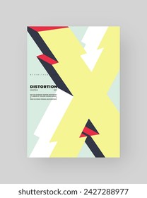 Abstract poster, colorful design. Vertical A4 format. Refraction and distorted 3d letter. Chopped, cut, glitch, broken type composition.