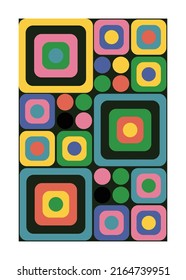 Abstract poster with colorful squares. Vintage design. Round corner geometric shapes.