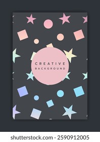Abstract poster. Creative background. Different geometric figures, circle frame with copy space for text. Holographic gradient color. Iridescent shapes cartoon flat style isolated vector illustration