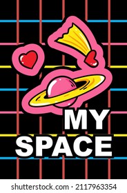 Abstract poster with cute planet and comet. Love and Valentines Day cartoon design. Hand drawn vector illustration