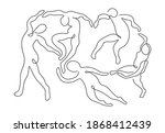 Abstract poster with dance inpired by Matisse. One line drawing of dancing people for print, textile, t-shirt and wall art. Contemporary minimalist vector illustration
