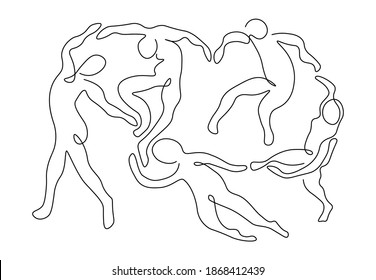 Abstract poster with dance inpired by Matisse. One line drawing of dancing people for print, textile, t-shirt and wall art. Contemporary minimalist vector illustration