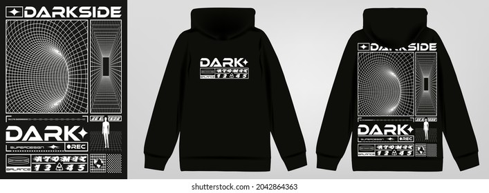 Abstract Poster Dark Side. Stylish Sweatshirt With A Hood In Acid Graphic Style, Trendy Streetwear, Vector Illustration