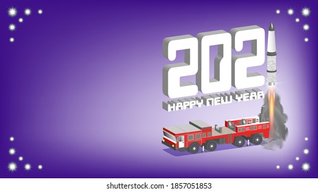 Afiche abstracto dedicado a las vacaciones de invierno. Inscripción 3D Feliz Año Nuevo y lanzador de cohetes rojos con inicio de misil. Cifras estilísticas 2021. EPS10