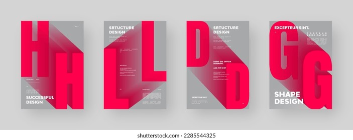 Resumen de la colección Diseño de afiches. Formato vertical A4. Juego moderno de carteles. Folleto estricto y discreto. Letra roja, composición de tipo 3D.	