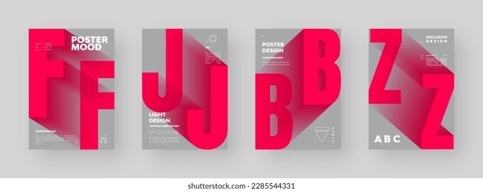 Abstract Poster Design collection. Vertical A4 format. Modern placard set. Strict and discreet brochure. Red letter, 3D type composition.	