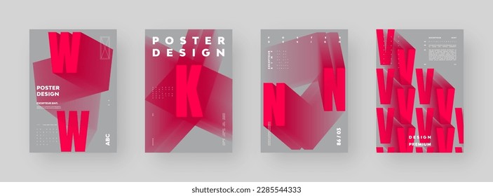 Abstract Poster Design collection. Vertical A4 format. Modern placard set. Strict and discreet brochure. Red letter, 3D type composition.	
