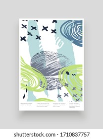 Abstract poster design. Colorful lines, spots, leafs and dots. Decorative wallpaper, backdrop. Hand drawn texture, decor elements and shapes. Eps10 vector illustration.