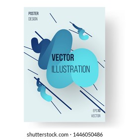 Abstract poster design. Colorful, monochrome blue liquid shape. Futuristic graphic elements and lines. Eps10 vector.