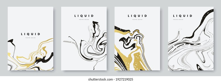 Abstract poster design with curves lines. Collection of gold and black liquid marble texture on white background. A4 size. Ideal for banner, flyer, invitation, cover, business card. Vector eps 10