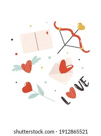 Abstract poster, design with decorative elements. icons for Valentines Day. Holiday ornament