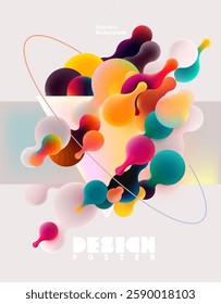 Abstract poster design with fluid multicolor 3D bubbles and geometric shapes. Bright minimalistic banner.
