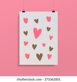 Abstract poster design with minimal freehand drawn hearts with paper clips on simple pink background  
Eps 10 vector illustration 