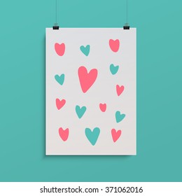 Abstract poster design with minimal freehand drawn hearts with paper clips on simple green background  
Eps 10 vector illustration 