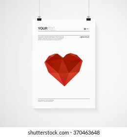 Abstract poster design with minimal low polygon 3d heart with paper clips on simple white background  
Eps 10 vector illustration 