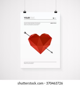 Abstract poster design with minimal low polygon 3d heart with arrow on simple white background  
Eps 10 vector illustration 