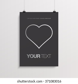 Abstract poster design with minimal silver heart with sample text and paper clips on simple black background  
Eps 10 vector illustration 