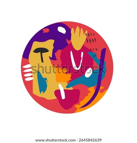 Abstract poster design in modern style. Bold paint brushstrokes, funky texture with colored doodles, scribbles pattern. Wall art, trendy contemporary card background. Flat vector illustration
