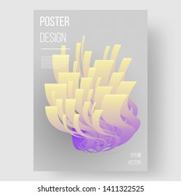 Abstract poster design. Modern template. Colorful wavy shapes soar in space. Modern liquid shapes. Yellow violet gradient. Lines. Eps10 vector.