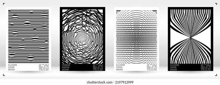 Abstract Poster Design with Optical Illusion Effect. Minimal Psychedelic Cover Page Collection. Monochrome Wave Lines Background. Fluid Stripes Art. Swiss Design. Vector Illustration for Flyer.