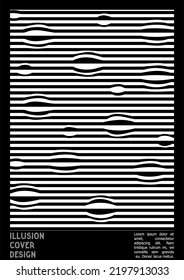 Abstract Poster Design with Optical Illusion Effect. Minimal Psychedelic Cover Page Collection. Monochrome Wave Lines Background. Fluid Stripes Art. Swiss Design. Vector Illustration for Banner. 