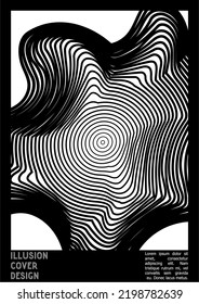 Abstract Poster Design with Optical Illusion Effect. Minimal Psychedelic Cover Page Collection. Monochrome Wave Lines Background. Fluid Stripes Art. Swiss Design. Vector Illustration for Booklet. 