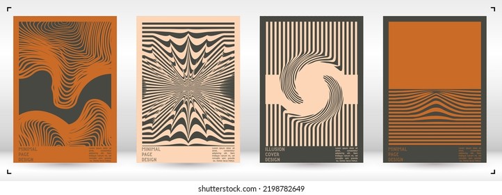 Abstract Poster Design with Optical Illusion Effect. Modern Psychedelic Cover Page Collection. Colourful Wave Lines Background. Fluid Stripes Art. Swiss Design. Vector Illustration for Magazine.