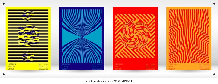 Abstract Poster Design with Optical Illusion Effect. Modern Psychedelic Cover Page Collection. Monochrome Wave Lines Background. Fluid Stripes Art. Swiss Design. Vector Illustration for Magazine.