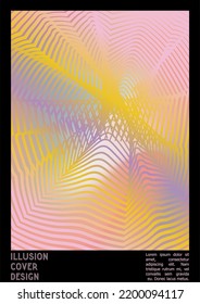 Abstract Poster Design with Optical Illusion Effect. Minimal Psychedelic Cover Page Collection. Neon Wave Lines Background. Fluid Stripes Art. Swiss Design. Vector Illustration for Brochure.