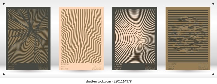 Abstract Poster Design with Optical Illusion Effect. Minimal Psychedelic Cover Page Collection. Bright Wave Lines Background. Fluid Stripes Art. Swiss Design. Vector Illustration for Banner. 