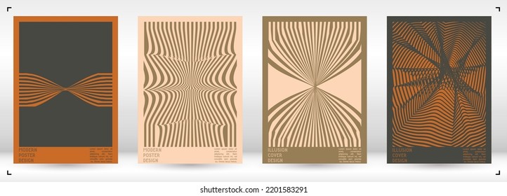 Abstract Poster Design with Optical Illusion Effect. Minimal Psychedelic Cover Page Collection. Calm Wave Lines Background. Fluid Stripes Art. Swiss Design. Vector Illustration for Magazine.