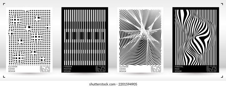 Abstract Poster Design with Optical Illusion Effect. Modern Psychedelic Cover Page Collection. Monochrome Wave Lines Background. Fluid Stripes Art. Swiss Design. Vector Illustration for Placard.