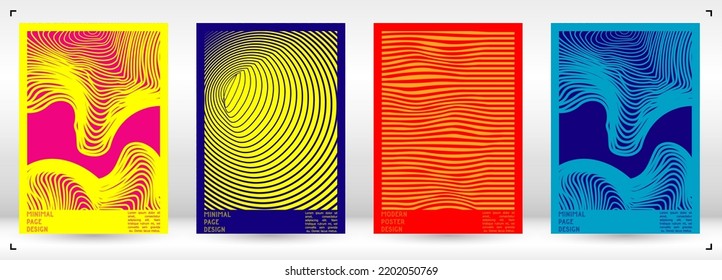 Abstract Poster Design with Optical Illusion Effect. Minimal Psychedelic Cover Page Collection. Monochrome Wave Lines Background. Fluid Stripes Art. Swiss Design. Vector Illustration for Brochure.