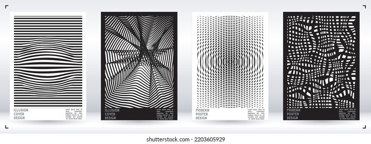 Abstract Poster Design with Optical Illusion Effect. Minimal Psychedelic Cover Page Collection. Monochrome Wave Lines Background. Fluid Stripes Art. Swiss Design. Vector Illustration for Brochure.