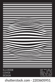Abstract Poster Design with Optical Illusion Effect. Modern Psychedelic Cover Page Collection. Monochrome Wave Lines Background. Fluid Stripes Art. Swiss Design. Vector Illustration for Brochure.
