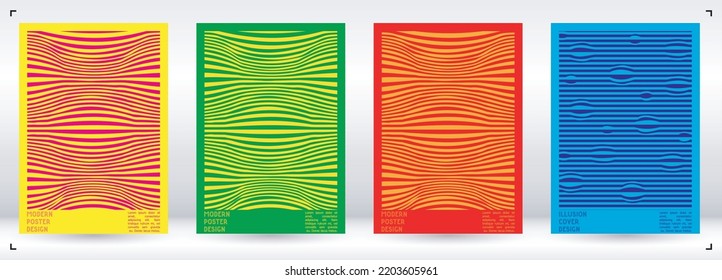Abstraktes Poster-Design mit optischem Illusionseffekt. Minimale Kollektion von psychedelischen Titelseiten. einfarbiger Hintergrund der Wellenlinien. Fluid Stripes Art. Swiss Design. Vektorgrafik für das Magazin.