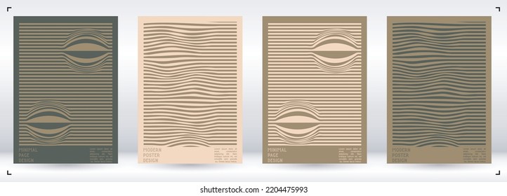 Abstract Poster Design with Optical Illusion Effect. Minimal Psychedelic Cover Page Collection. Bright Wave Lines Background. Fluid Stripes Art. Swiss Design. Vector Illustration for Brochure.