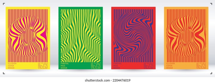 Resumen Diseño de afiches con efecto de ilusión óptica. Colección mínima de portadas psicodélicas. Fondo de las líneas onduladas monocromáticas. Arte de Rayas Fluidas. Diseño Suizo. Ilustración vectorial para la revista.