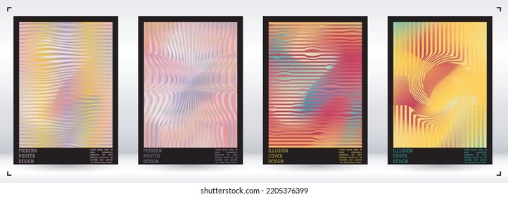 Abstract Poster Design with Optical Illusion Effect. Minimal Psychedelic Cover Page Collection. Bright Wave Lines Background. Fluid Stripes Art. Swiss Design. Vector Illustration for Flyer.