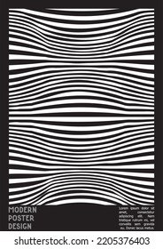 Abstract Poster Design with Optical Illusion Effect. Modern Psychedelic Cover Page Collection. Monochrome Wave Lines Background. Fluid Stripes Art. Swiss Design. Vector Illustration for Placard.