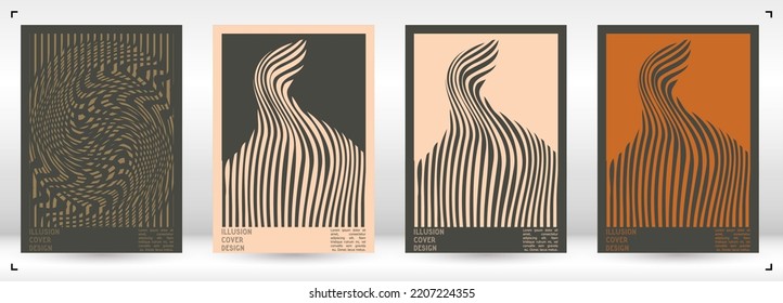 Abstract Poster Design with Optical Illusion Effect. Minimal Psychedelic Cover Page Collection. Monochrome Wave Lines Background. Fluid Stripes Art. Swiss Design. Vector Illustration for Banner. 
