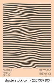 Abstract Poster Design with Optical Illusion Effect. Modern Psychedelic Cover Page Collection. Brown Wave Lines Background. Fluid Stripes Art. Swiss Design. Vector Illustration for Report, 