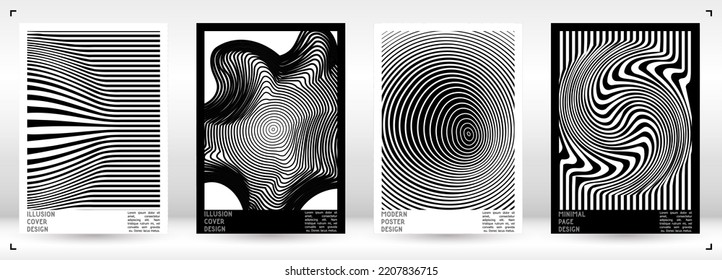 Abstract Poster Design with Optical Illusion Effect. Modern Psychedelic Cover Page Collection. Monochrome Wave Lines Background. Fluid Stripes Art. Swiss Design. Vector Illustration for Brochure.