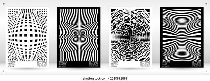 Abstract Poster Design with Optical Illusion Effect. Minimal Psychedelic Cover Page Collection. Monochrome Wave Lines Background. Fluid Stripes Art. Swiss Design. Vector Illustration for Placard.