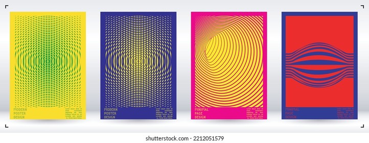 Abstract Poster Design with Optical Illusion Effect. Minimal Psychedelic Cover Page Collection. Neon Wave Lines Background. Fluid Stripes Art. Swiss Design. Vector Illustration for Magazine.